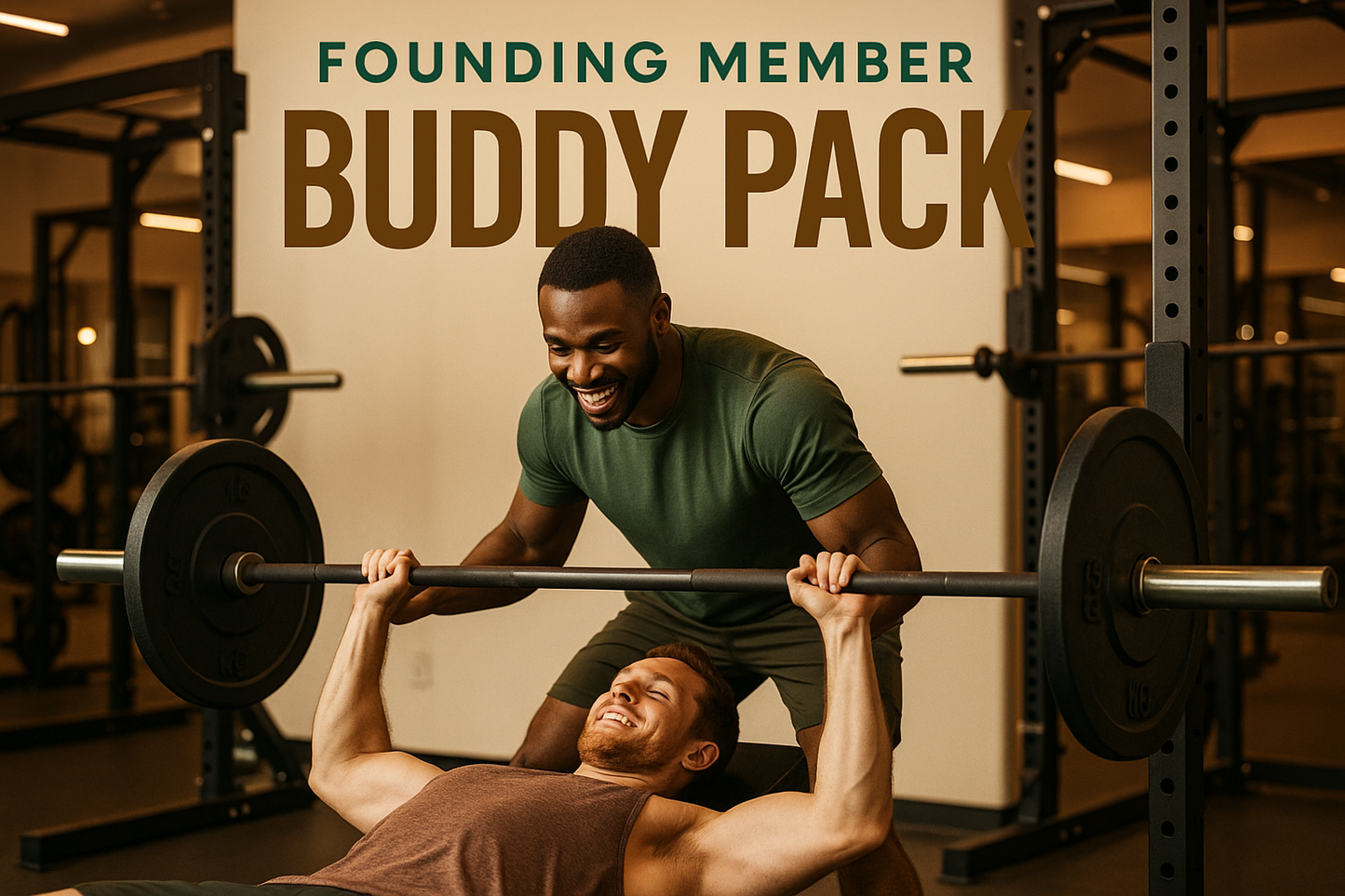 Founding Member Buddy Pack promotional image showing two people working out together in a modern gym with text overlay featuring just the program name without pricing