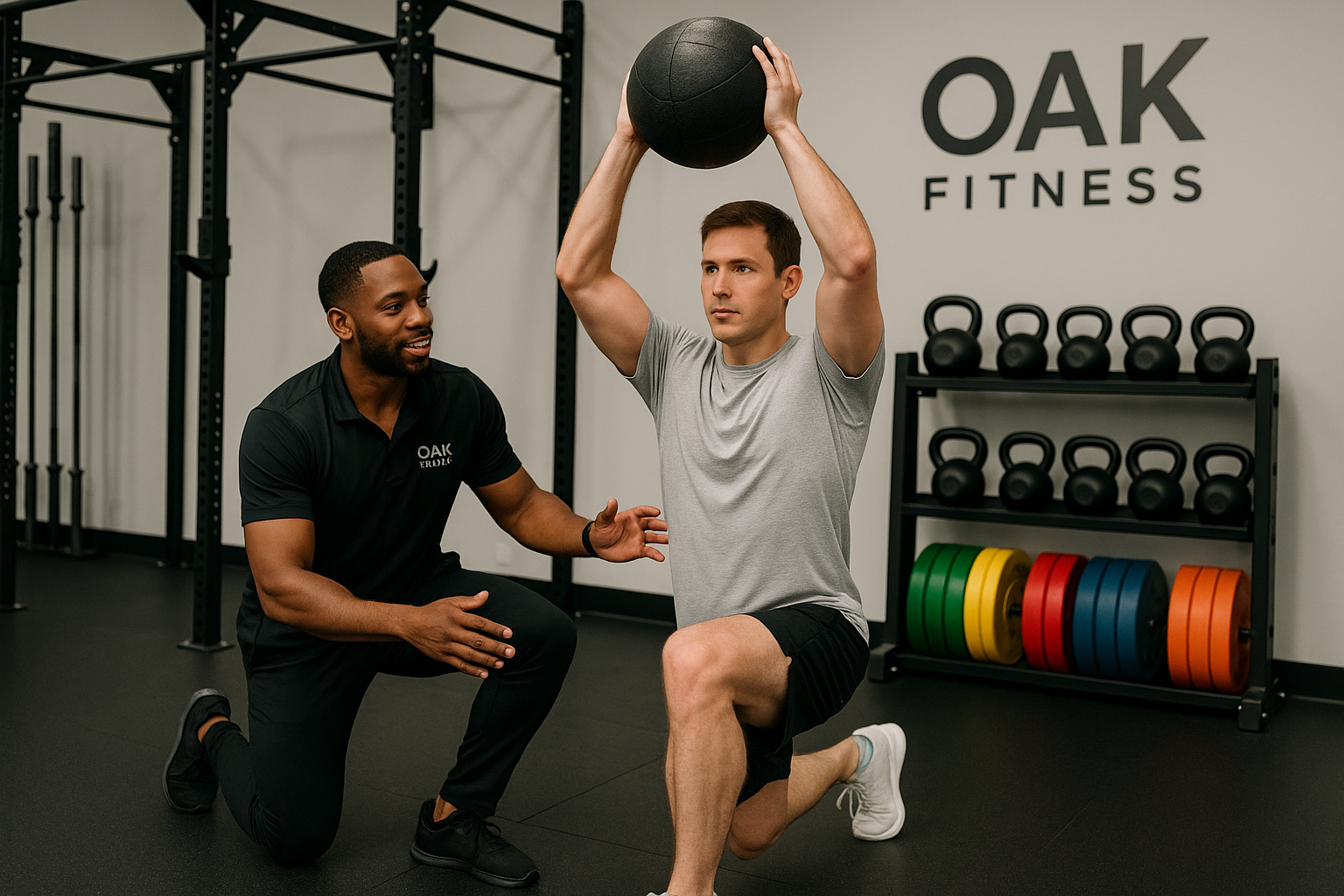 A diverse fitness trainer working with a male client performing functional fitness exercises in a modern gym setting