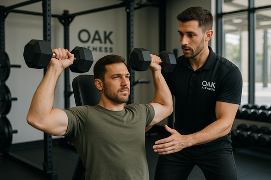 A fitness trainer working with a male client doing strength training in a modern gym setting