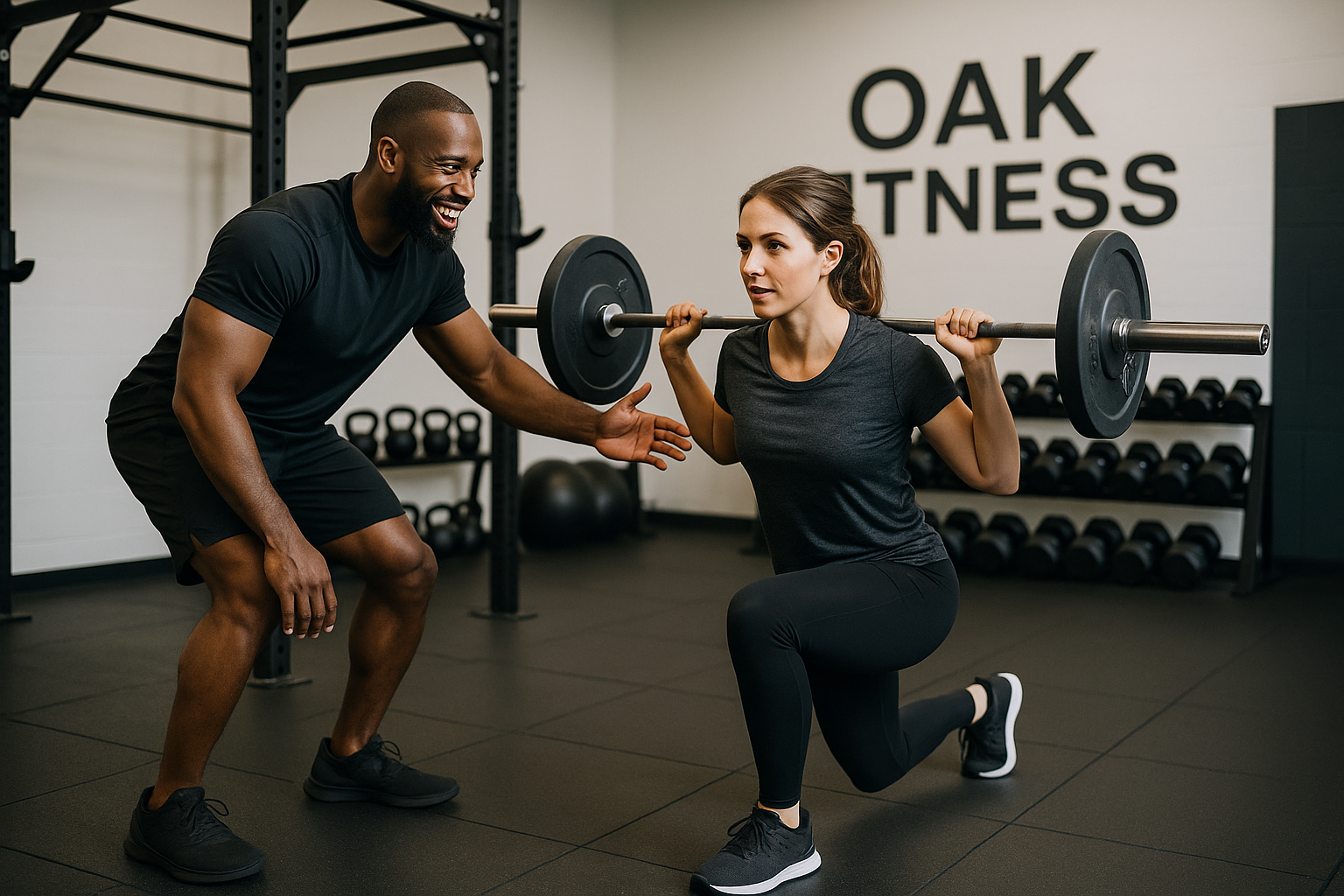 A person of color as the fitness trainer working with a client in a modern gym setting