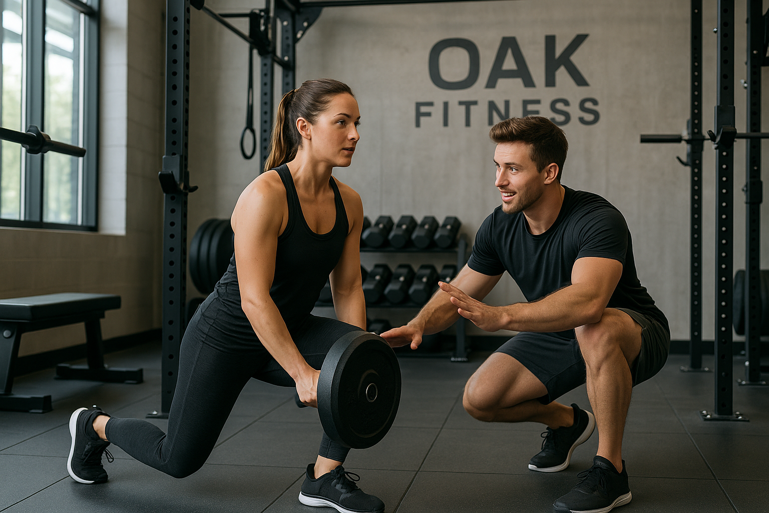 A professional personal training session showing a fitness trainer working with a client in a modern gym setting
