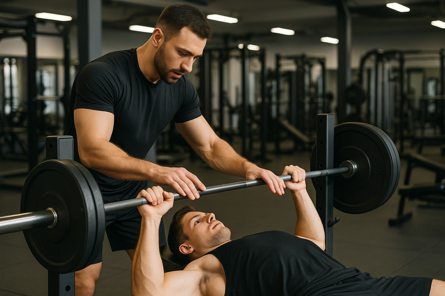 Personal trainer teaching a client proper bench press technique while spotting them